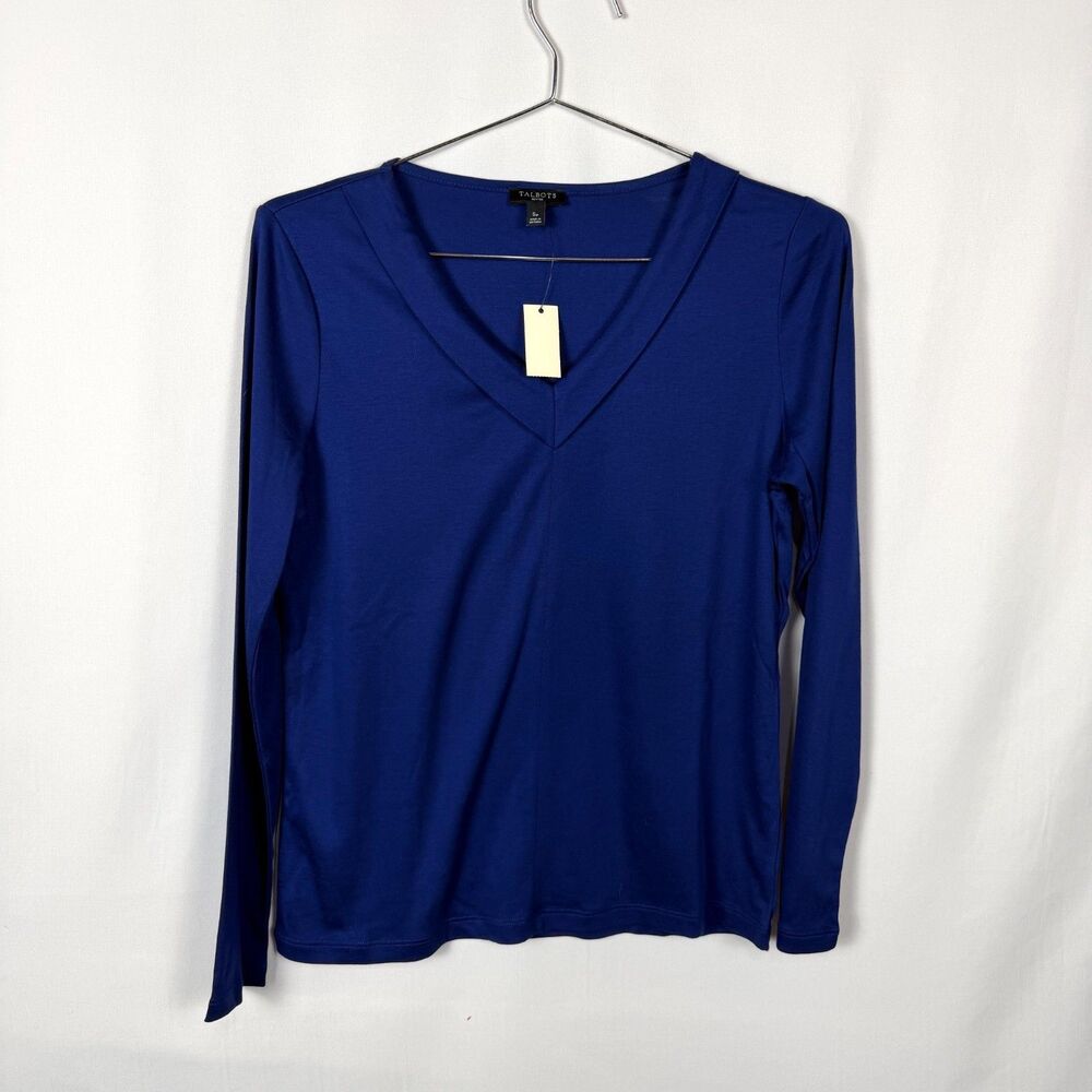 NEW Talbots Woman Deep Blue V-Neck Long Sleeve Top PS Cotton Holiday